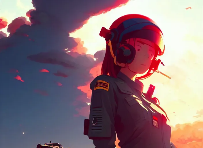 Image similar to portrait of pilot girl talking, red sky background, chaotic landscape, illustration concept art anime key visual trending pixiv fanbox by wlop and greg rutkowski and makoto shinkai and studio ghibli and kyoto animation, red body suit, military gear, handgun, red crow 1, grimdark