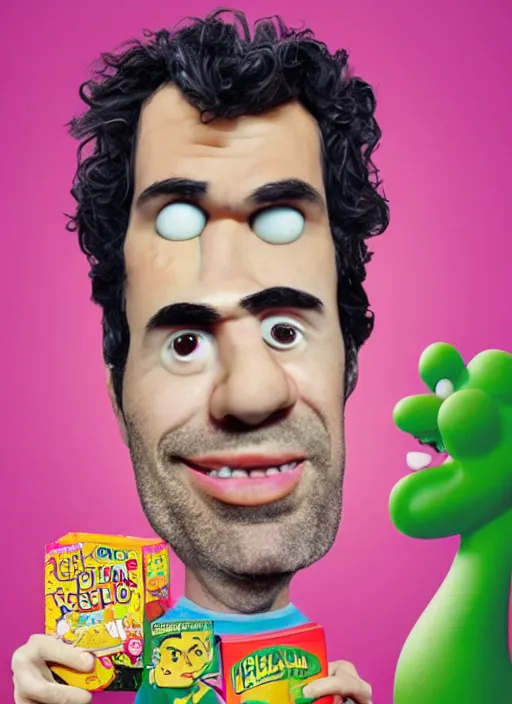 Prompt: trippy surrealist mark ruffalo portrait on a cereal box by aardman animation