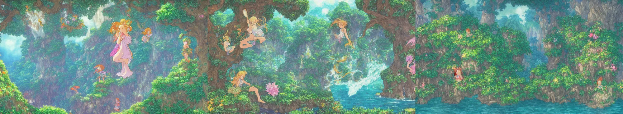 Prompt: secret of mana, misty island, ghibli, mucha, high quality, photorealism