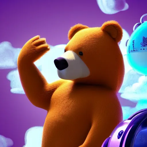 Image similar to cartoon animated bear wearing clothes being launched out of a futuristic machine into a purple and orange cloud land