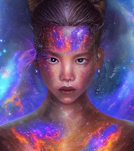 Prompt: close-up portrait of Lalisa Manobal as Galaxy Goddess, rule of thirds, captivating, face anatomy, relaxing on a fiery volcano, thermal lava flowing down dark travertine terraces, inferno lake, intricate, elegant, luxurious, digital painting, concept art, smooth, sharp focus, from Star Trek 2021, illustration, by WLOP and Ruan Jia and Mandy Jurgens and Peter mohrbacher