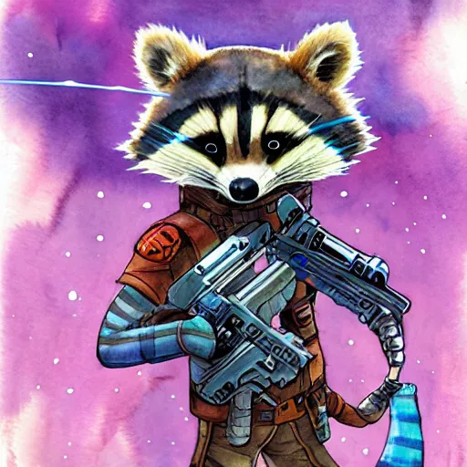 Prompt: racoon holding a laser gun, guardians of the galaxy style, centered award winning watercolor pen illustration, by caroline choi, edited by range murata