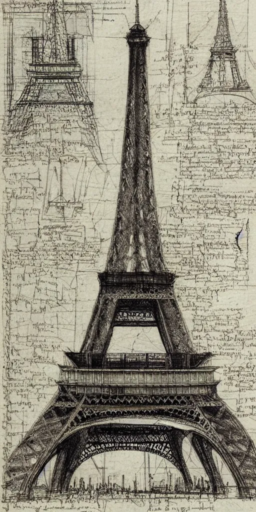 Image similar to architectural design studies of Eiffel Tower, different closeup view, drawn by Leonardo da Vinci, ancient ink draw, artistic, intricated