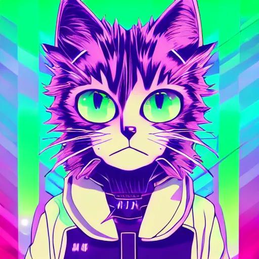 Image similar to anime cat, portrait, vaporwave, synthwave, neon, vector graphics, cinematic, volumetric lighting, f 8 aperture, cinematic eastman 5 3 8 4 film