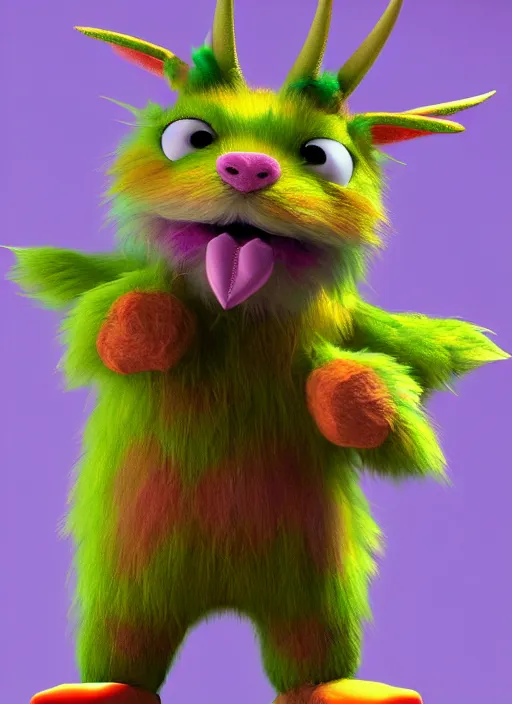 Prompt: full body 3 d model of a vibrant rainbow colored adorable petulant furry monster with fuzzy horns, a 3 d render by wendy froud and jim henson, centered, character concept, concept art, dark rainbow colored fur, zbrush, furry art, rendered in maya, colorful, cinema 4 d, behance hd, daz 3 d, cgsociety, matte background