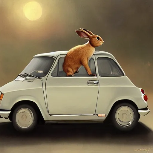 Image similar to a bunny driving a renault r 4, elegant, highly detailed, digital painting, artstation, concept art, matte, sharp focus, highly detailed, 4 k, hdr, smooth, sharp focus, high resolution, award - winning photo, photorealistic, art by artgerm and greg rutkowski and alphonse mucha, large shot