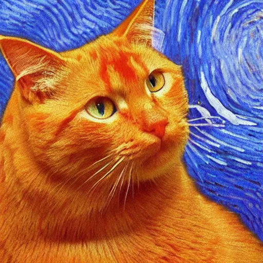 Image similar to a portrait of a ginger orange cat with it's whole head visible, wearing a light blue suit, by Vincent Van Gogh