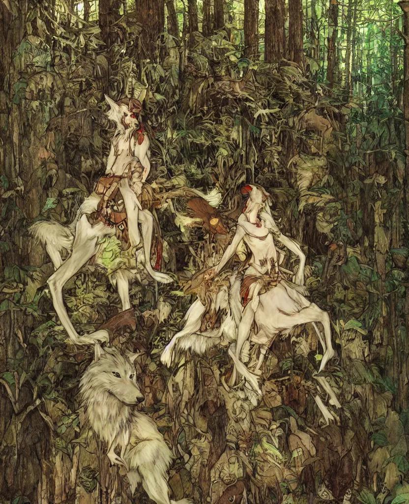 Image similar to portrait of Princess Mononoke, wolves, fully clothed in armor, lush forest, neon, concept art, schematics, painted by norman rockwell, mucha, james gurney, high detail, denoised, sharp, architectural