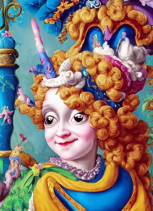 Prompt: baroque rococo painting Royal Fancy Jester Hildebrandt Lisa Frank high detail cute adorable whimsical up close gremlin