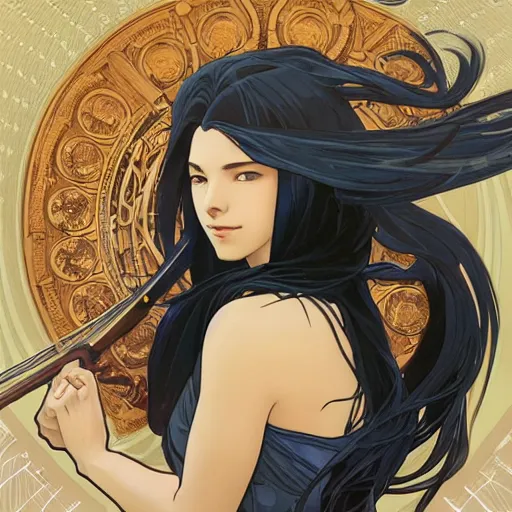 Image similar to portrait of a woman, long black hair, holding sword, in front of a sci fi cityscape, by makoto shinkai, alphonse mucha, masamune shirow, detailed, cinematic, wide angle, dark sepia toned shading, luminescent eyes, detailed face, expressive eyes, blue fire everywhere, trending on artstation.