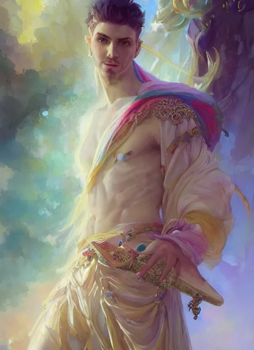 Image similar to a beautiful detailed painting of a gypsy male bard in colorful rainbow firion ornate robes robes, pale skin, white hair, master of dreams art by jon foster trending on artstation painted by greg rutkowski, painted by peter mohrbacher