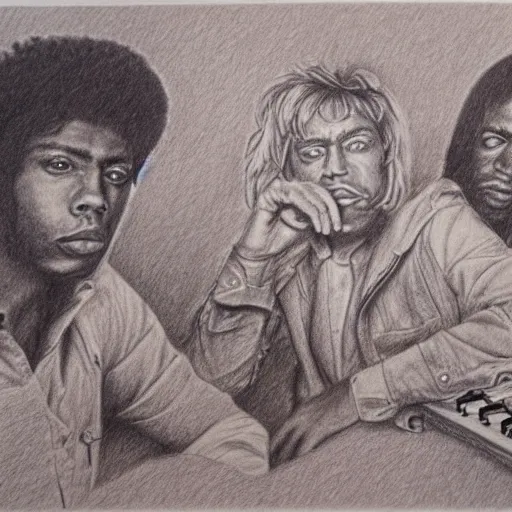 Prompt: highly detailed pencil sketch of 1 9 8 0's album cover,