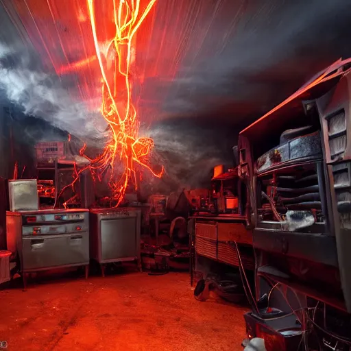 Image similar to overcharging toaster oven, tangles of metallic cables, dark messy smoke - filled cluttered workshop, dark, dramatic lighting, orange tint, sparks, plasma charges, cinematic, highly detailed, sci - fi, futuristic, movie still