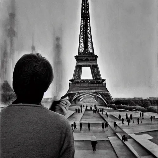 Prompt: man looking up at eiffel tower, low angle shot by steve hanks, by lisa yuskavage, by serov valentin, by tarkovsky