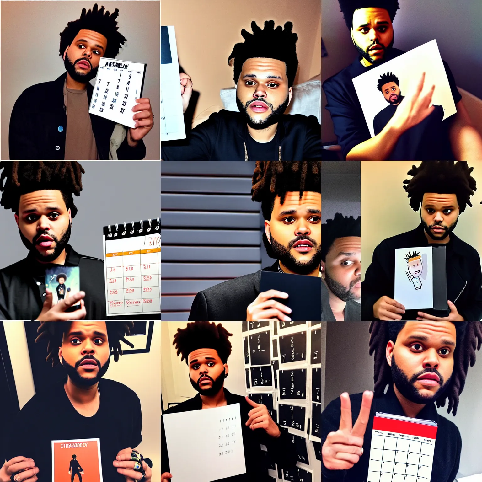 Prompt: A selfie of the Weeknd holding a calendar with Saturday circled in black marker,