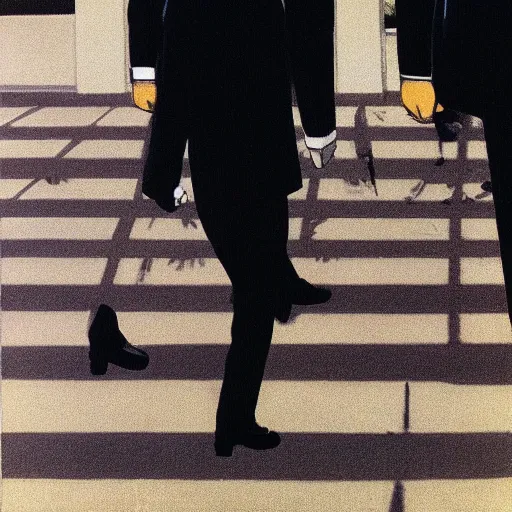 Image similar to wide-shot low angle of empty animated formal suits ((heads)) walking down the street, polaroid photo, by Andy Warhol, by Rene Magritte