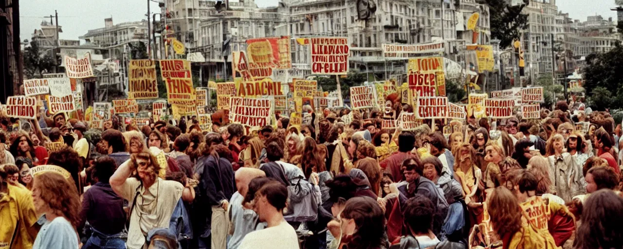 Prompt: hippies protesting with spaghetti signs, 1 9 6 0's,, high detail, canon 5 0 mm, wes anderson film, kodachrome