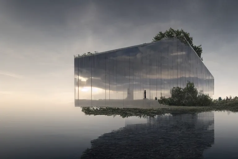 Image similar to a building formed by the combination of cloud shaped spaces on the calm lake, human perspective, future, interior wood, marble, award winning, highly detailed 4 k art, dusk, unreal engine highly rendered, global illumination, radial light, internal environment by kazuyo sejima