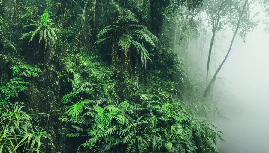 Prompt: a rainy foggy jungle, river with low hanging plants, there is eyes everywhere, great photography, ambient light