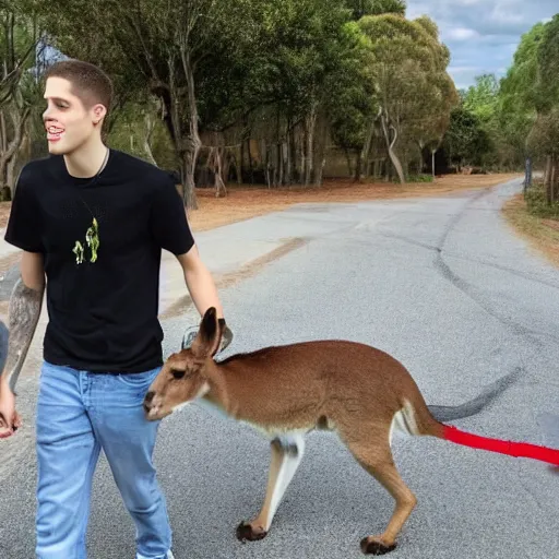 Image similar to Pete Davidson!!! walking a kangaroo, photo