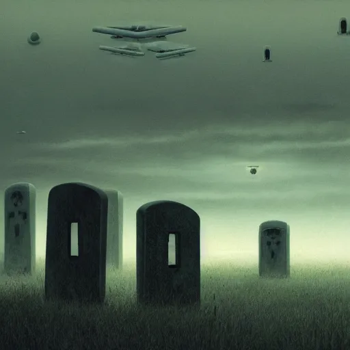 Image similar to a large field of tombstones with ufos invading on the horizon, beksinski, wayne barlowe, very coherent symmetrical artwork, cinematic, hyper realism, high detail, octane render, 8 k