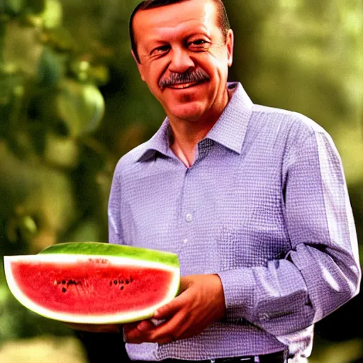 Image similar to recep tayyip erdogan smiling holding watermelon for a 1 9 9 0 s sitcom tv show, studio photograph, portrait c 1 2. 0