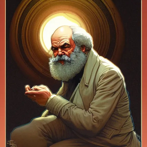 Image similar to Karl Marx pondering his orb, highly detailed, digital painting, artstation, concept art, smooth, sharp focus, illustration, art by todd lockwood and magalie villeneuve and alan lee and artgerm and greg rutkowski and alphonse mucha