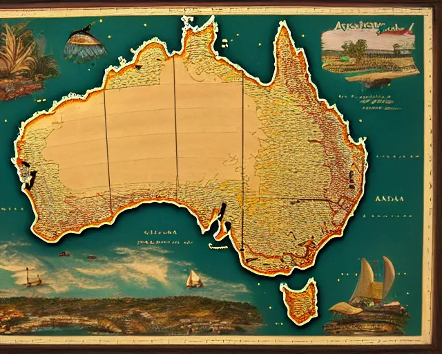 Image similar to recently rediscovered map of Australia, 16k scan, colorized, beautiful, intricate detail,