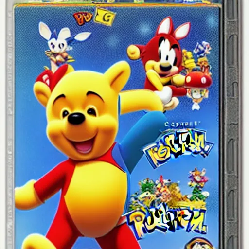 Image similar to photograph of winnie the pooh and super mario and sonic the hedgehog anime style, on pokemon card packs at target