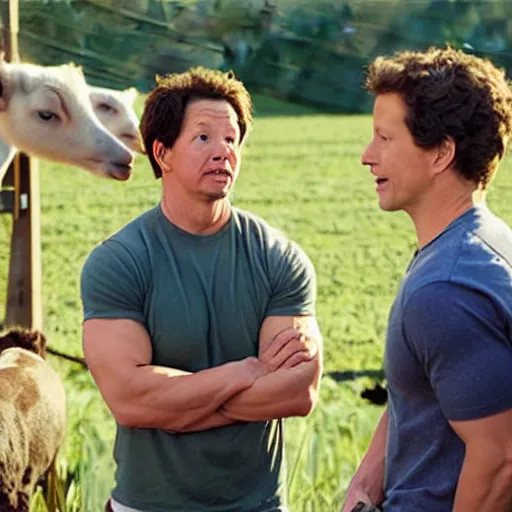 Image similar to mark wahlberg and andy samberg talking to farm animals