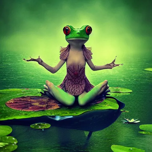 Prompt: a frog fairy on a lily pad, concept render, portrait, magical, alexander jansson, artstation