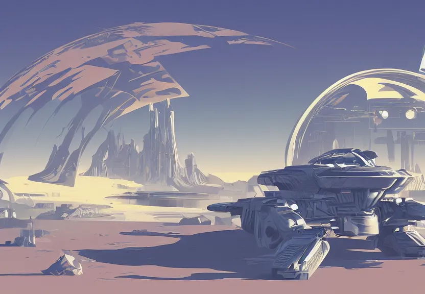 Image similar to a futuristic desert, illustration in the style of Syd Mead