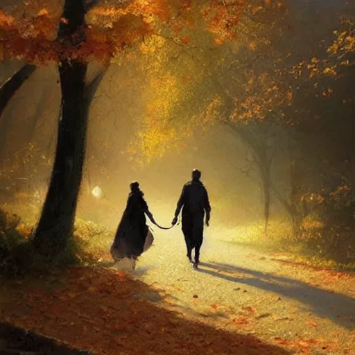 Prompt: a romantic walk in fall, warm, nostalgic, craig mullins