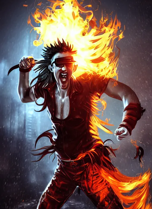 Image similar to An epic fantasy comic book style portrait painting of young man with red spiked long hair, using an orange lens googles. Wearing white shirt, a black waistcoat, brown pants and black boots. He is throwing a wild fire blast from his hands, with a vicious smile in face. Unreal 5, DAZ, hyperrealistic, octane render, cosplay, RPG portrait, dynamic lighting