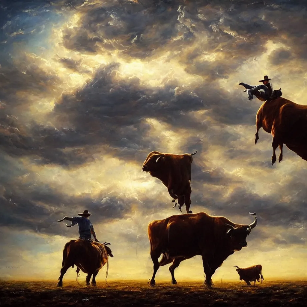 Image similar to Mark Magiori oil painting of a cowboy watching a bull get abducted by aliens, supercell cloud, extremely beautiful, amazing painting, HD, 8K, very detailed, photorealistic, hyperrealism