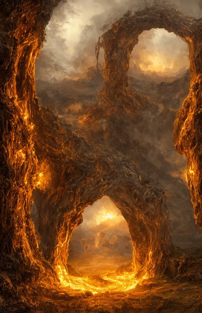 Image similar to a highly detailed glowing fire light portal within an austria landscape, detailed, hyperreal phantastic, intricate details in environment, luminance, golden ratio, high aestehtic, cinematic light dramatic light, godrays, distance, photobash, wideangle, terrence malick, hyperreal 4 k