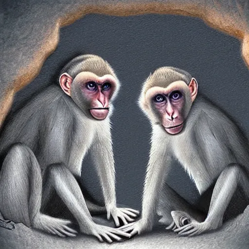 Prompt: two macaques looking at each other inside ancient cave, digital art, soft shadows, creepy art, drawn by shadman