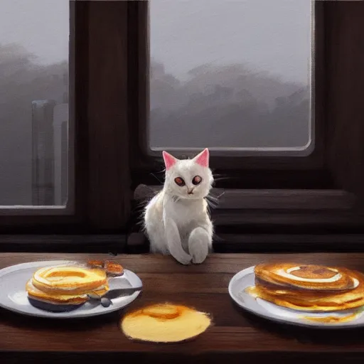 Image similar to concept art painting of a cat eating pancakes, realistic, detailed, cel shaded, in the style of makoto shinkai and greg rutkowski and james gurney