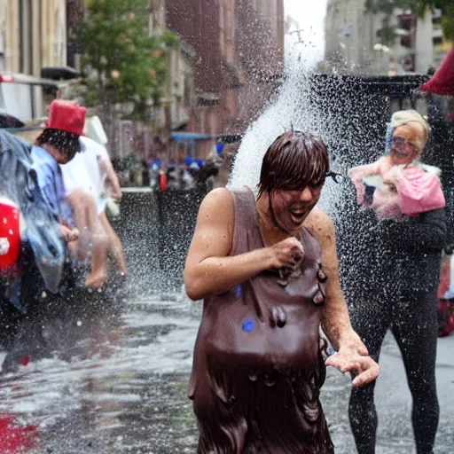 Prompt: people on street get wet of chocolate liquid rain