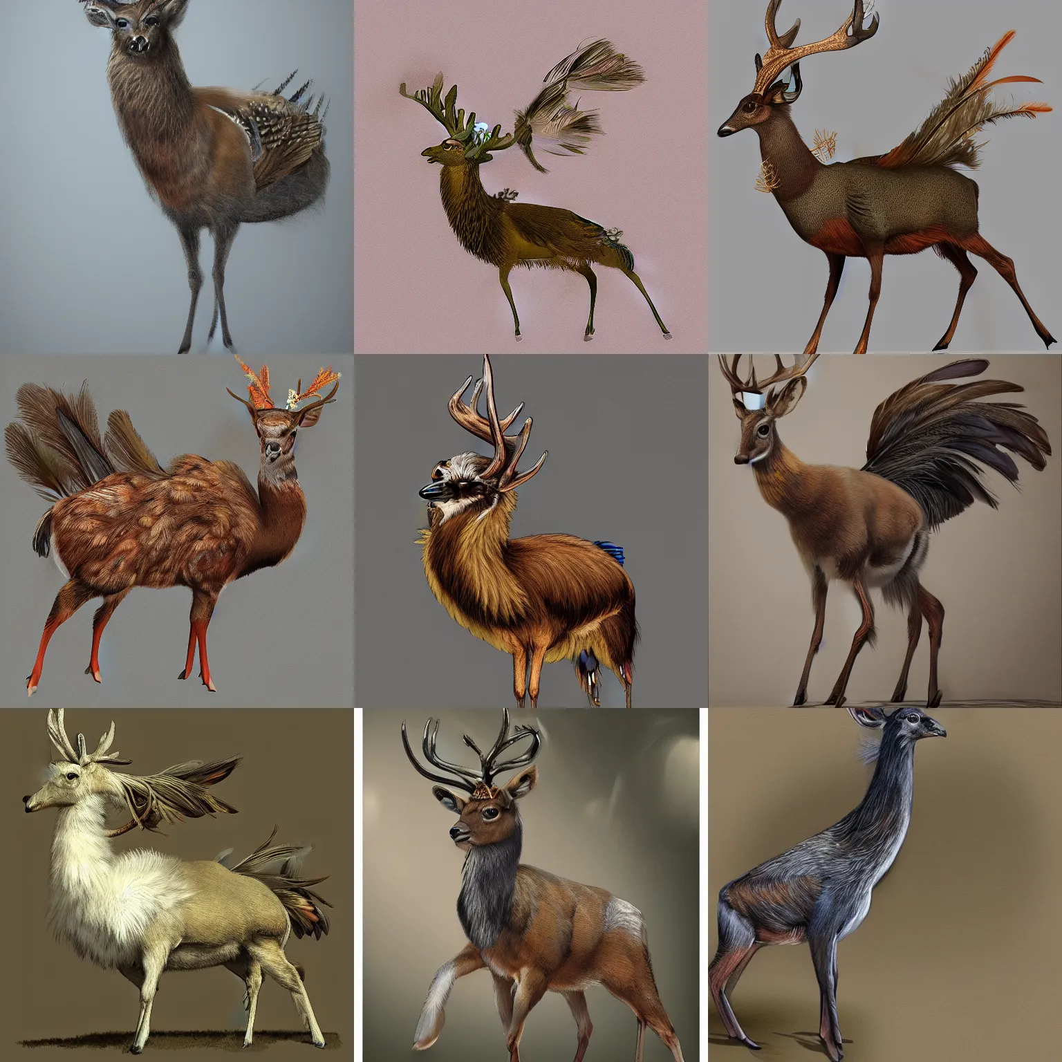 Image similar to a feathered deer with bird feathers, trending on artstation, highly detailed, full body