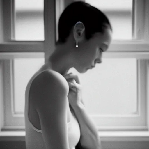 Image similar to black and white fashion photograph portrait of a depressed beautiful 35 years old model woman standing by the window, natural light, lomo, fashion photography, film grain, soft vignette, sigma 85mm f/1.4 1/10 sec shutter