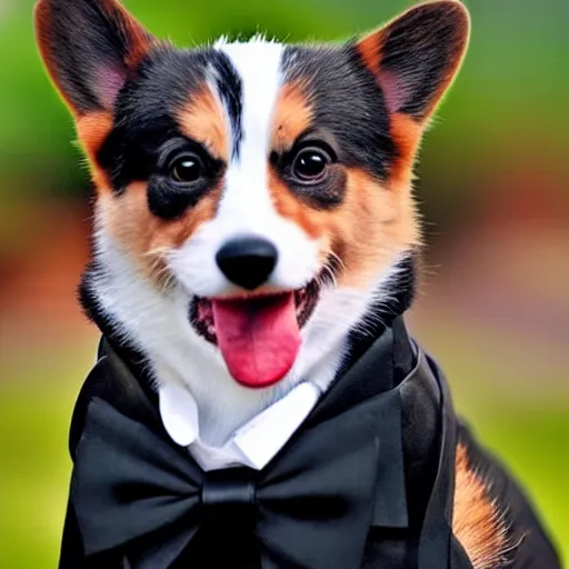 Image similar to corgi wearing a black tuxedo and a red tie