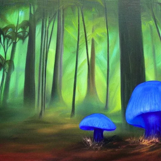 Image similar to A huge glowing blue mushroom inside a rainforest, eerie vibes, oil painting