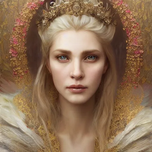 Image similar to portrait painting of a beautiful blonde lady with a kind face wearing a feathered cloak and noble garments, ultra realistic, concept art, intricate details, eerie, highly detailed, photorealistic, octane render, 8 k, unreal engine. art by artgerm and greg rutkowski and charlie bowater and magali villeneuve and alphonse mucha