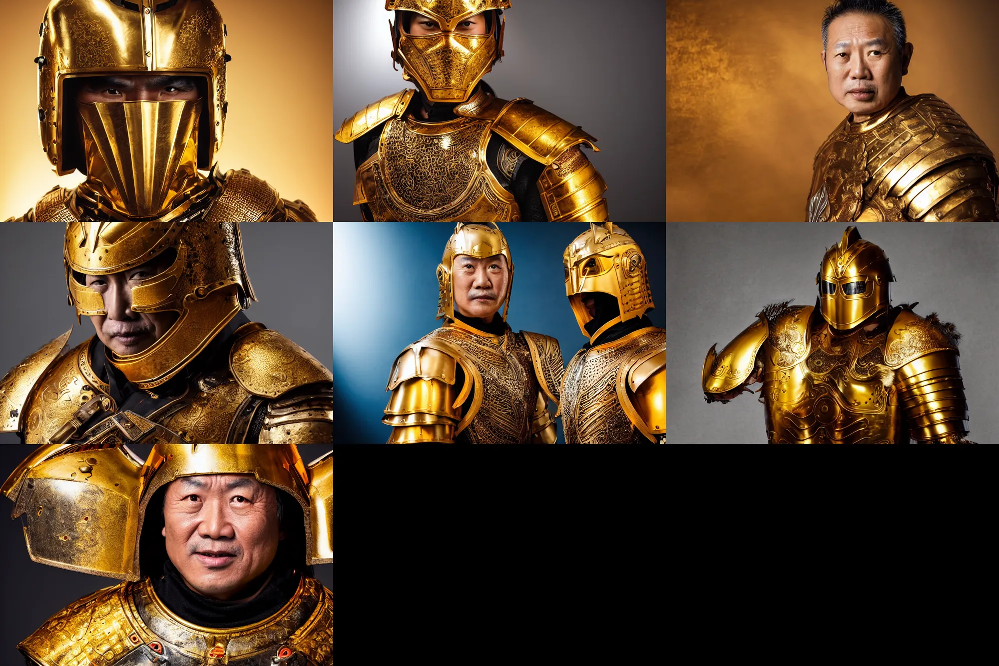 Prompt: a cinematic studio headshot portrait of a middle aged asian man wearing gold plated armour, orange color theme, dramatic lighting, back light, hair light, rim light, 4 k, ultra realistic, by annie leibovitz