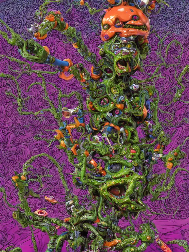 Image similar to hyper-maximalist lowbrow style overdetailed 3d sculpture of a monster by clogtwo and ben ridgway inspired by beastwreckstuff chris dyer and jimbo phillips. Cosmic horror infused retrofuturist style. Hyperdetailed high resolution. Render by binx.ly in discodiffusion. Dreamlike surreal polished render by machine.delusions. Sharp focus.