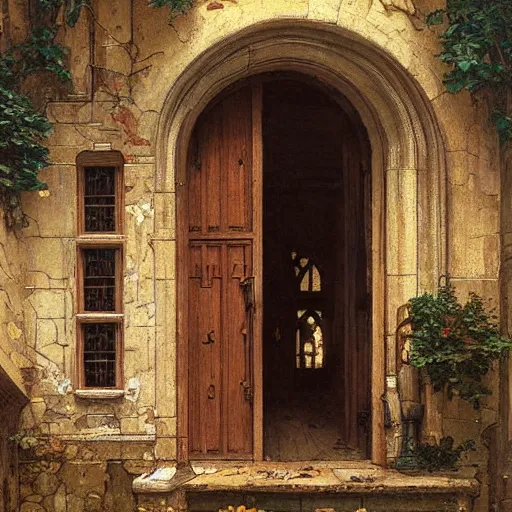 Image similar to an oak door in a medieval building with a terrible secret behind it by stanley artgerm lau, greg rutkowski, thomas kindkade, alphonse mucha, loish, norman rockwell.