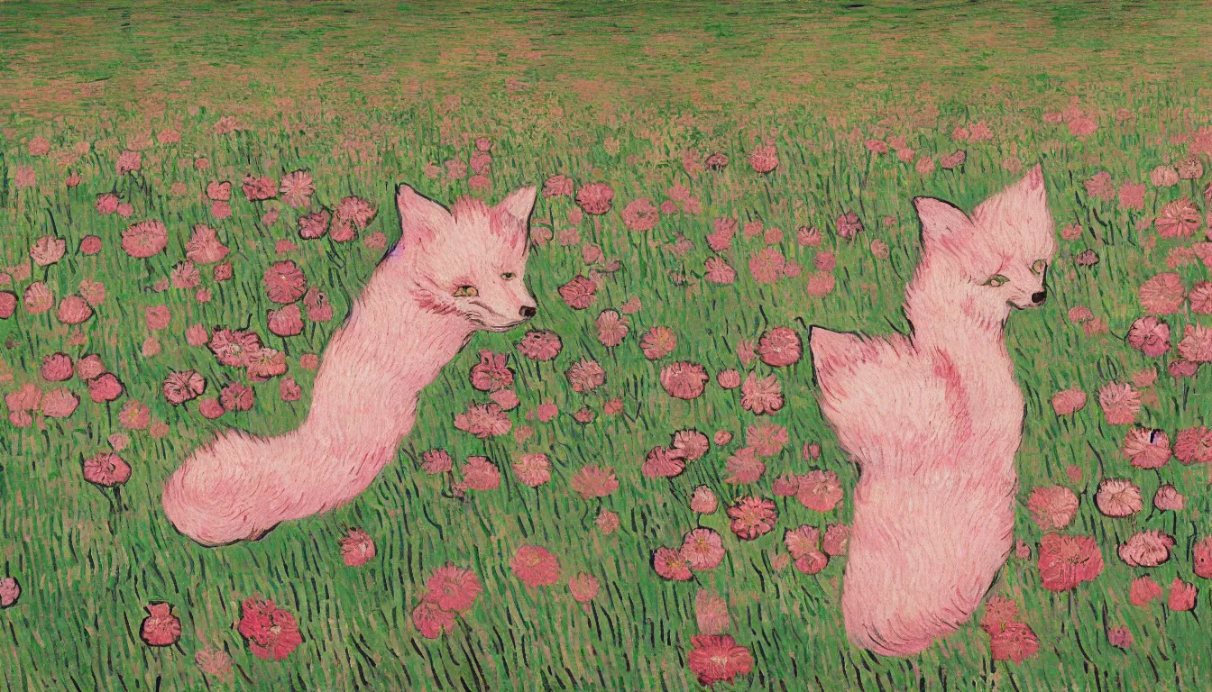 Prompt: pink fox head popping out of a field of flowers by Van Gogh, minimalist, detailed