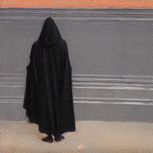 Prompt: Back view of the grim reaper, thin black robe, curvy, peach emoji, death himself, elegant, deep shadows, award winning, by Ilya Repin, deviant art