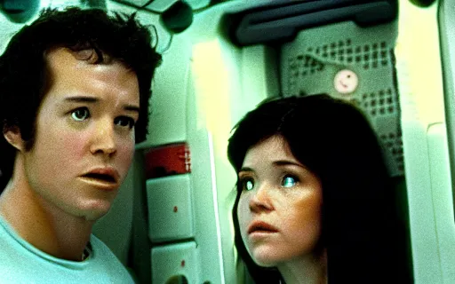 Image similar to full - color cinematic movie still from a 1 9 7 9 science - fiction horror film by ridley scott starring young phoebe cates as a crew member on a spaceship fighting a xenomorph. detailed facial - features ; suspense ; action.